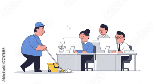 A cleaner mops the floor in a modern office while tired employees work diligently at their desks, illustrating different workplace roles