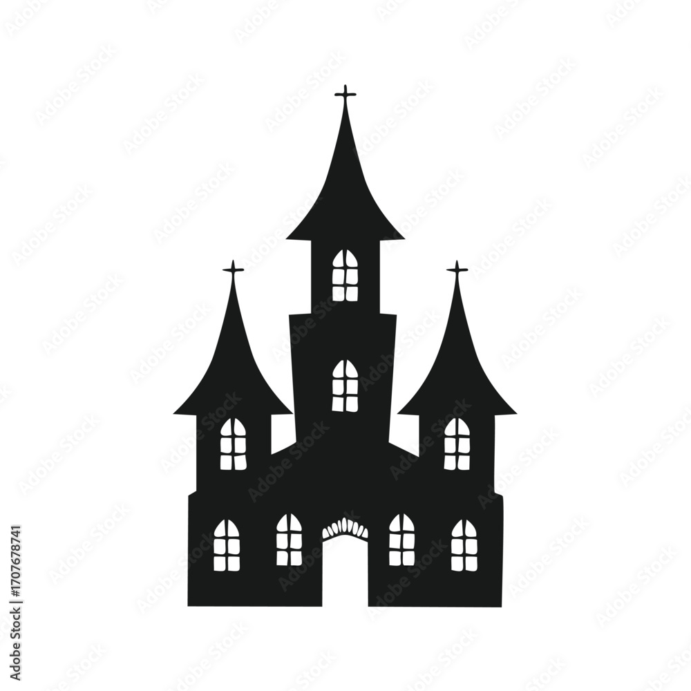 Obraz premium Black Silhouette of a Spooky Haunted Castle with Crosses