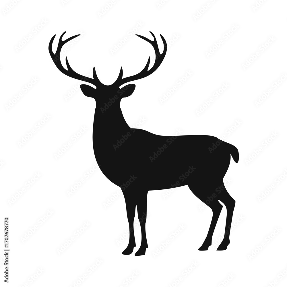 Obraz premium Black Silhouette of a Standing Deer with Antlers on White Background