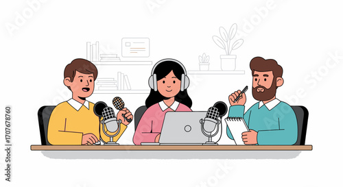 A team of diverse hosts collaborating on a live broadcast, recording a podcast episode with professional microphones and equipment in a studio setting
