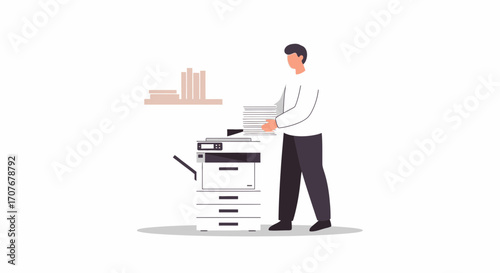 Man with Stack of Paper near a Copy Machine