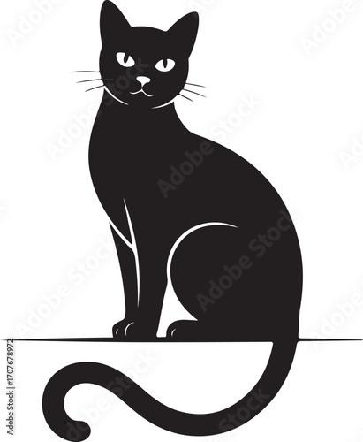 Elegant black cat silhouette sitting gracefully with curled tail and bright eyes