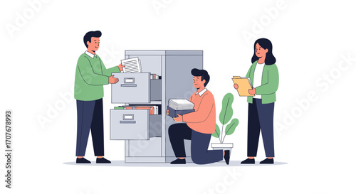 Team of office workers collaborating on file organization, showcasing efficient data management and corporate archival processes