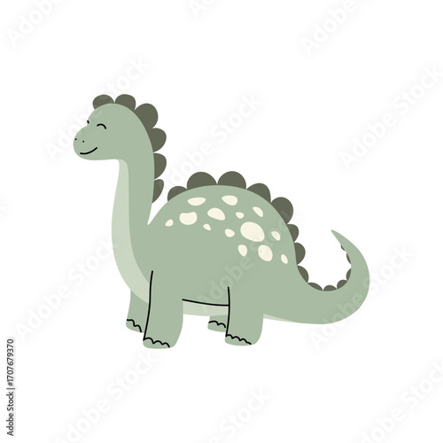 Cute  dinosaur illustration with a smiling face and green body featuring white spots, ideal for kids' designs, educational materials, or nursery decor.