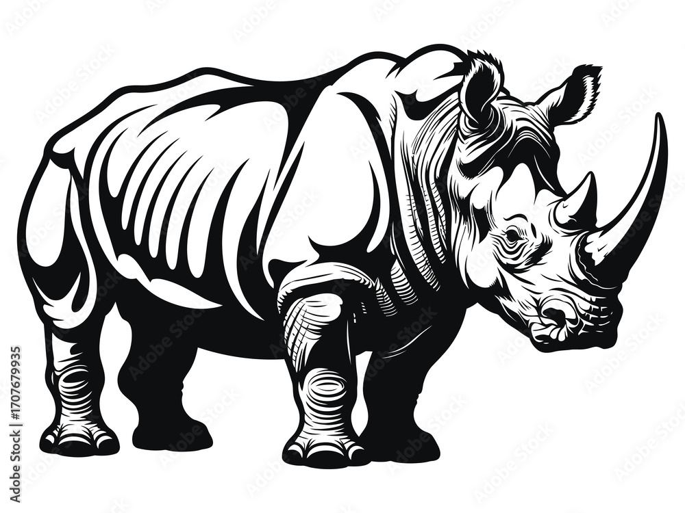 Fototapeta premium Bold Tribal Rhinoceros Illustration in Black and White