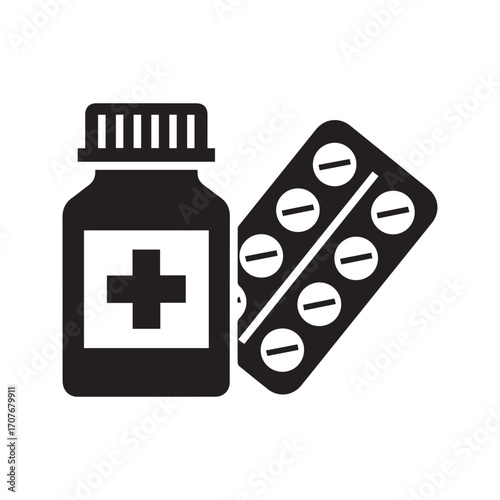 Medicine pills icon, pill bottle and blister pack glyph for pharmacy and healthcare concept.
