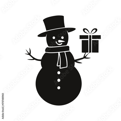 Black silhouette snowman with top hat scarf and gift