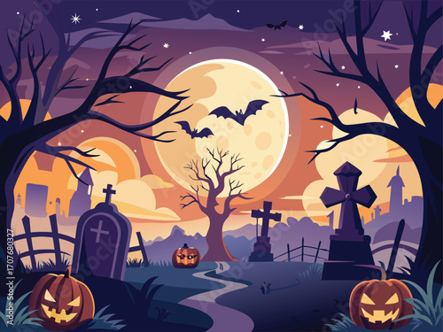 Haunted Graveyard Background with Bats and Tombstones