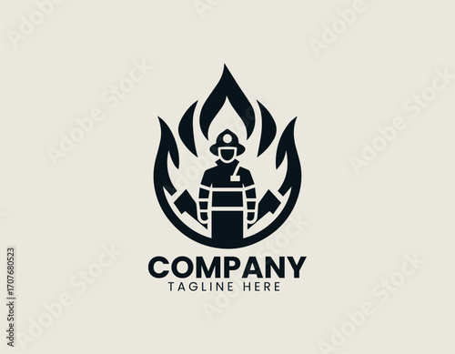logo shows firefighter standing inside flame shape with strong rescue concept