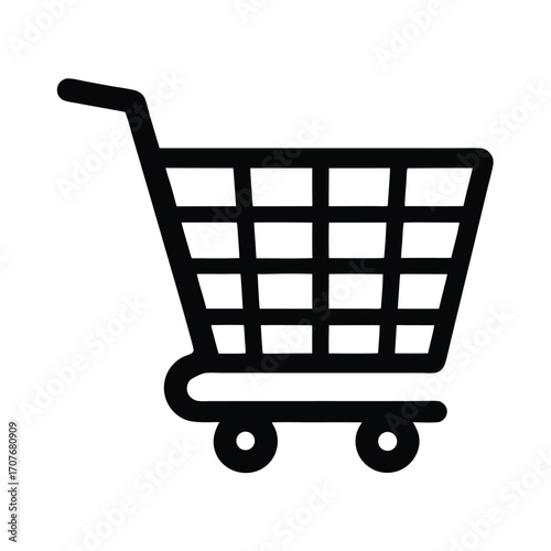 Simple black shopping cart icon features a grid pattern and wheels