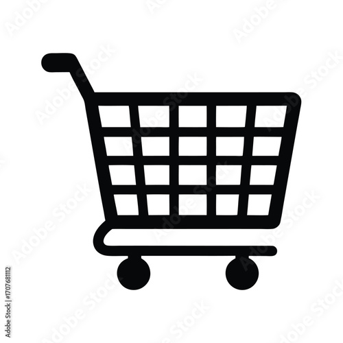 Simple black shopping cart icon features a wire basket and round wheels