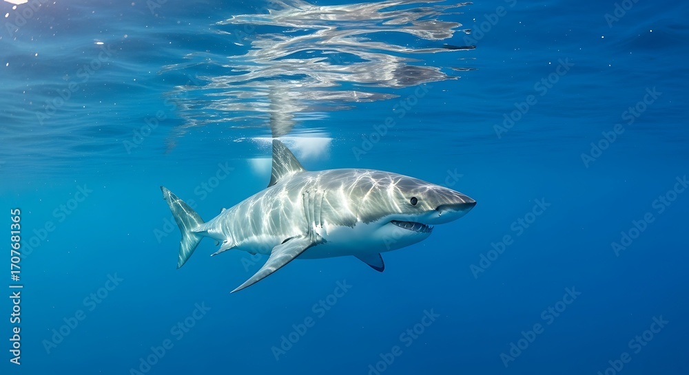 Fototapeta premium A large, powerful great white shark swims in deep, clear ocean water.