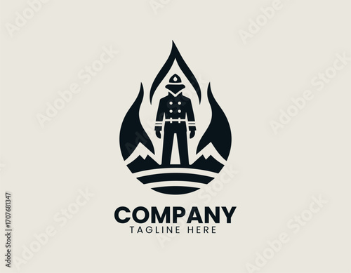 logo shows firefighter standing inside flame shape with strong rescue concept