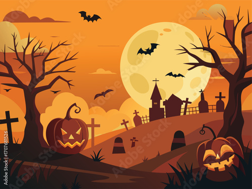 Dark Haunted Graveyard with Glowing Full Moon Sky