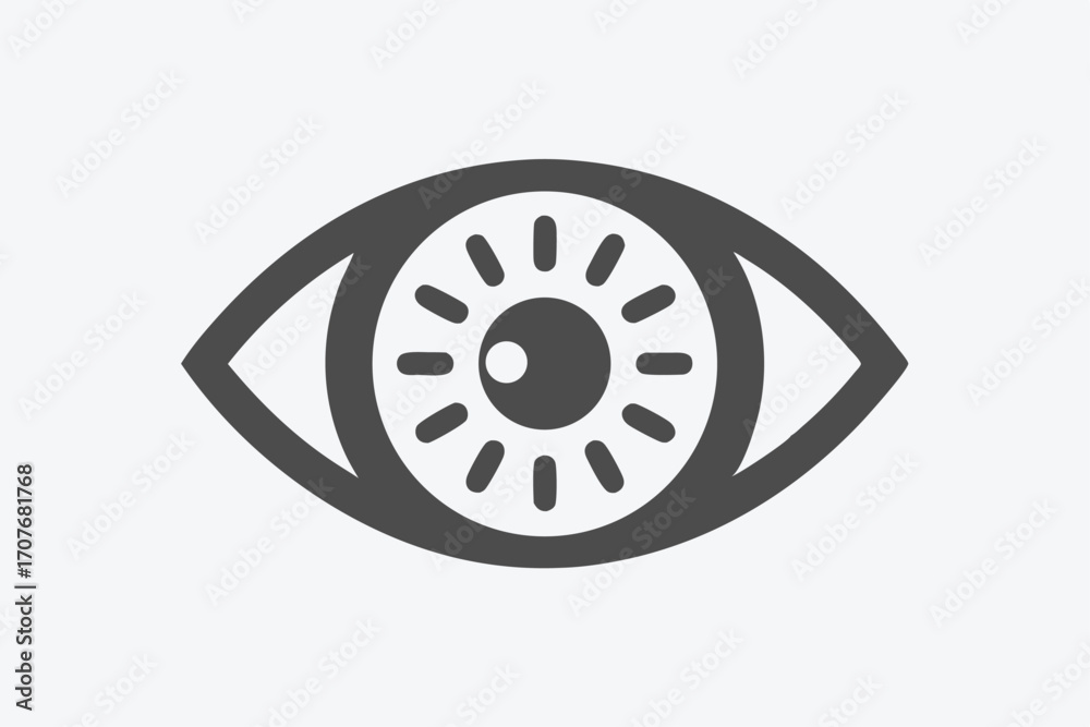Fototapeta premium Simple gray eye icon shows detailed pupil design on a clean white backdrop