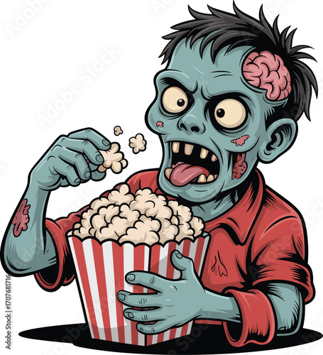 Cartoon Zombie with Exposed Brain Eats Popcorn from Red and White Striped Container