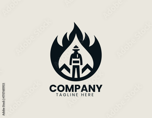 logo shows firefighter standing inside flame shape with strong rescue concept
