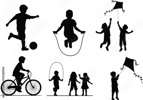 Kids playing outdoor, jumping rope, flying kite, riding bicycle, kicking soccer ball, having fun, children activity, happy childhood moments.
