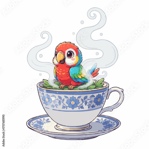 Colorful parrot with tropical leaves illustration, exotic parrot bird sitting on a branch vector design, cute cartoon parrot with funny expression for kids, minimalist parrot logo in flat style silhou