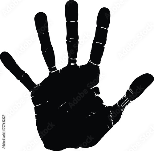 A stark black handprint silhouette open palm facing forward on transparent background