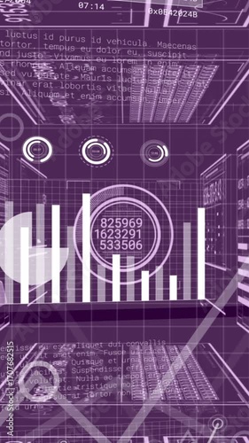 Animation of light trails over data processing on purple background