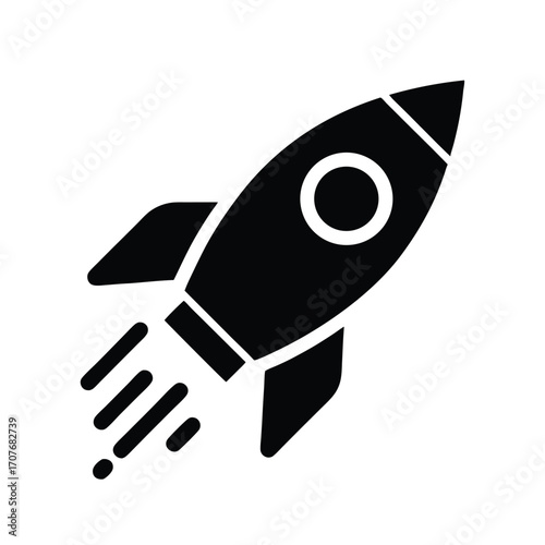 Simplified black rocket blasting off into space has a sleek, minimalist appearance