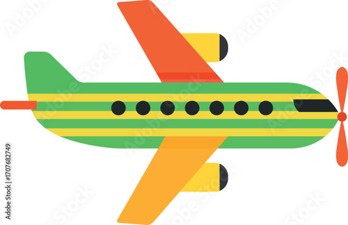 Cartoon Airplane with Green Stripes and Orange Wings on White Background aircraft travel