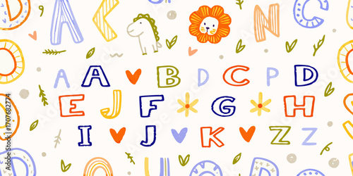 Playful hand drawn cartoon alphabet letters and cute animals on white background