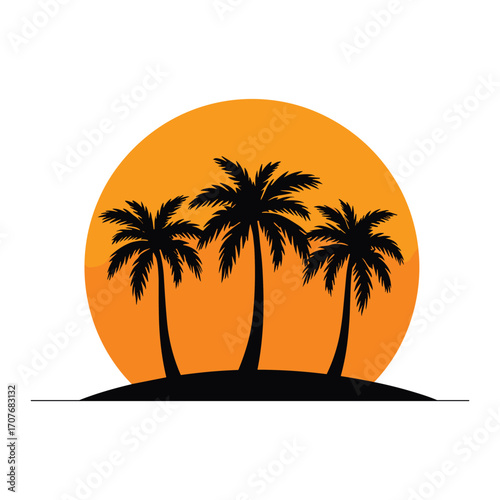 Vector art of palm trees silhouetted against orange sun