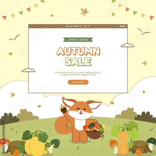 Autumn poster with cute animal illustration and retro computer pop up window