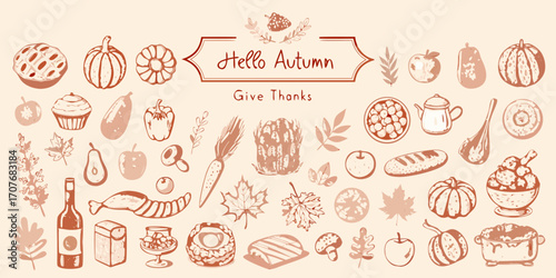 Hello autumn give thanks hand drawn illustration featuring seasonal food harvest vegetables and leaves