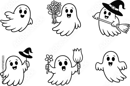 Six Black and White Cartoon Ghosts with Flowers and Witch Hats Vector halloween