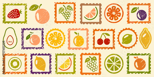 Collection of colorful fruit icons in textured square frames on a cream background