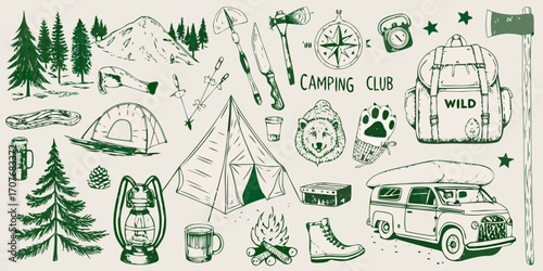 Vintage camping club collection with trees mountains tents backpacks and van