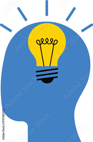 Blue Head Silhouette with Yellow Light Bulb Idea Symbol on White Background