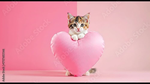 Cute kitten peeking from behind large pink heart pillow in pastel room with soft lighting
