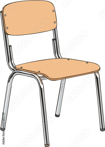Illustration of a classic school chair featuring a light brown seat and back with chrome legs