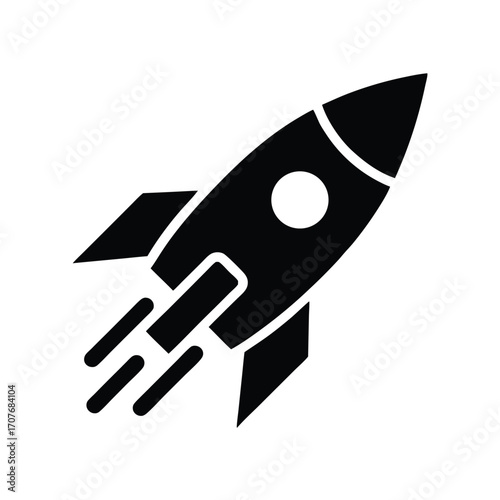 Solid black silhouette presents a rocket launching upwards with smoke trails behind it