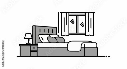 Minimalist line art illustration of a cozy bedroom interior with a bed, nightstand, and lamp. A simple concept of home comfort and relaxation