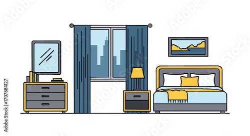 Flat line art illustration of a cozy and modern bedroom interior design, featuring a stylish apartment room with furniture and a window overlooking the city