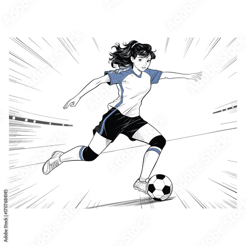 Vector art of young woman playing soccer on stadium