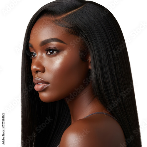 Beautiful woman profile side view portrait with long black hair glowing skin makeup