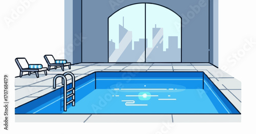 An empty indoor swimming pool in a luxury hotel with a panoramic city view, a serene scene for relaxation and wellness