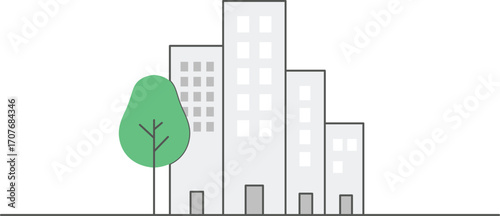 City skyline with tall buildings and a single green tree architecture urban