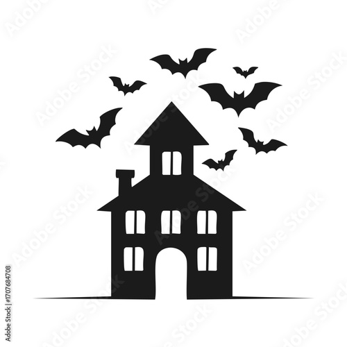 Silhouette of a haunted house with bats flying around Keywords: haunted house, silhouette, bats