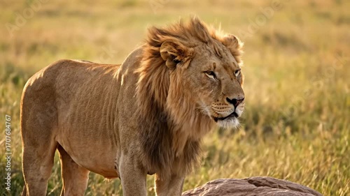 Wallpaper Mural A lion stands on a rock in a field of tall grass lit by warm light Its mane is illuminated by the sun Torontodigital.ca
