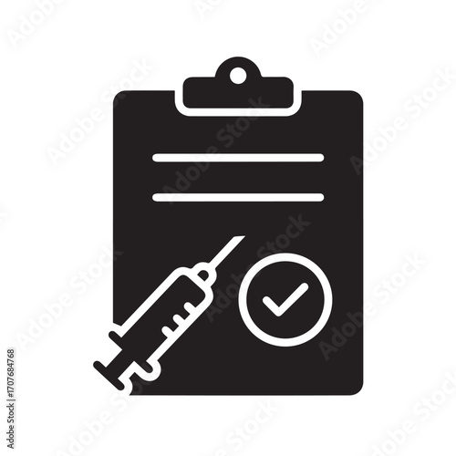 Vaccination certificate icon. Syringe and clipboard with approved medical checklist, immunization record glyph.
