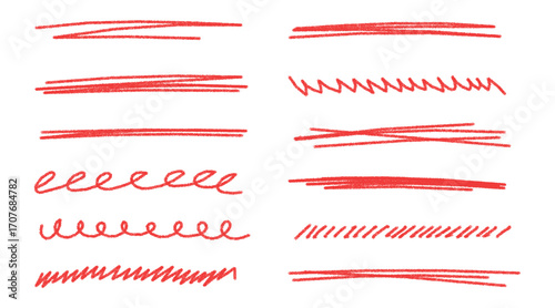 hand-drawn lines in chalk red pastel  scribble strokes. Hand drawn crayon underline, zigzag, dash line collection