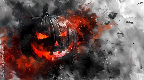 Ein schwarzer Halloween Kürbis von innen rot belauchtet.