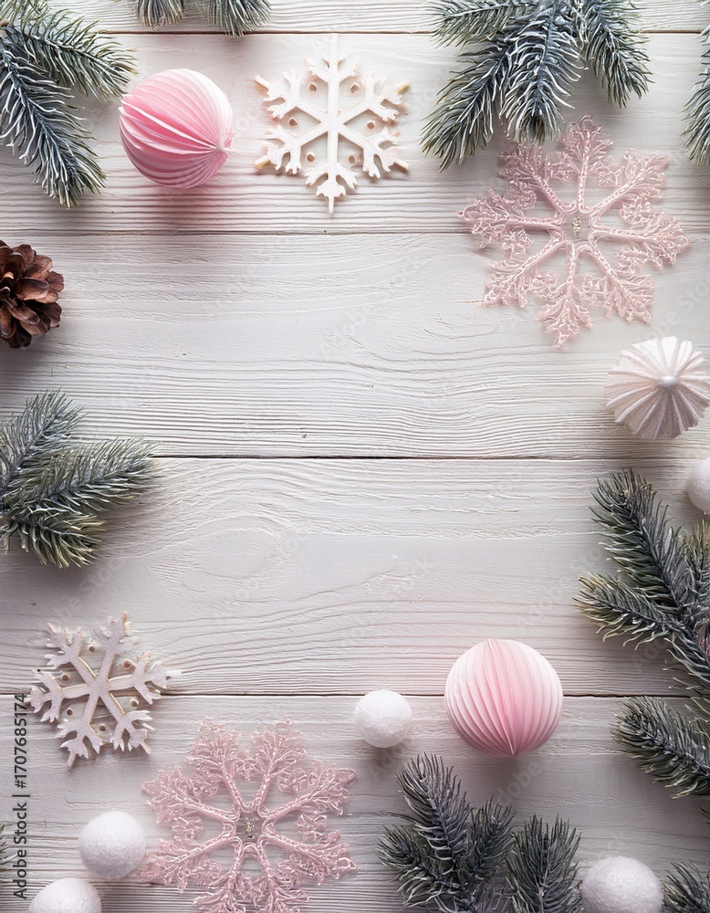 Obraz premium Top view of white wooden background with copy space and pale pink pine cones, white wooden snowflake decorations and christmas balls. Generated image